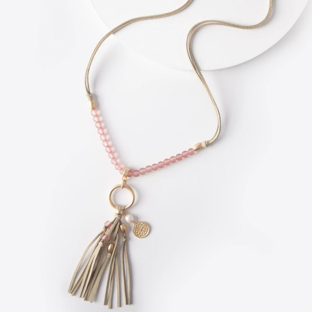 Plunder Design Maia Pink and Gold Beaded Tassel Necklace